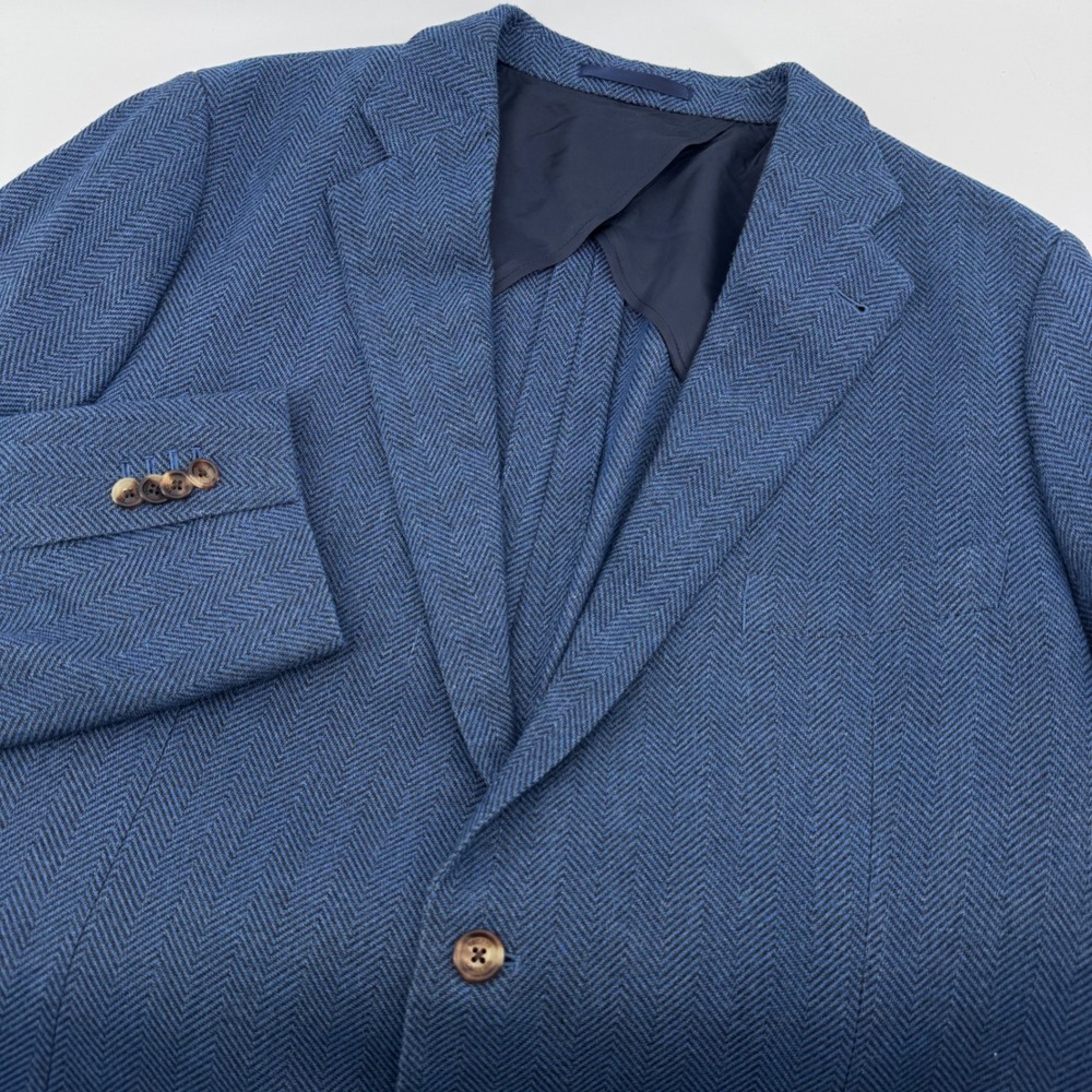 Proper Cloth Blazer Mens 48L Blue Herringbone Half Canvased Patch Pockets